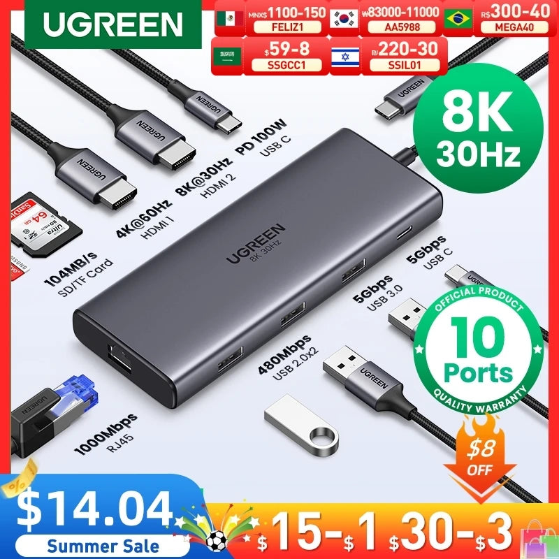 UGREEN 10-in-1 USB C Hub with Dual HDMI and 8K Adapter